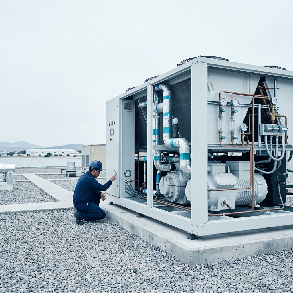 Técnico inspeccionando un chiller industrial de agua helada en la azotea de una planta.